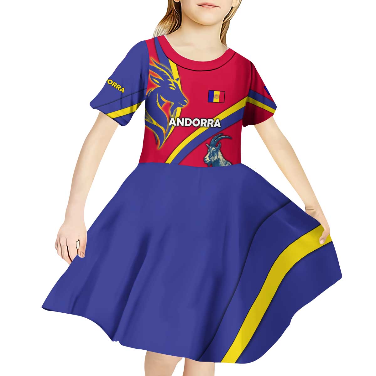 Andorra Kid Short Sleeve Dress with Mountain Goat and Curved Stripe Design - Wonder Print Shop