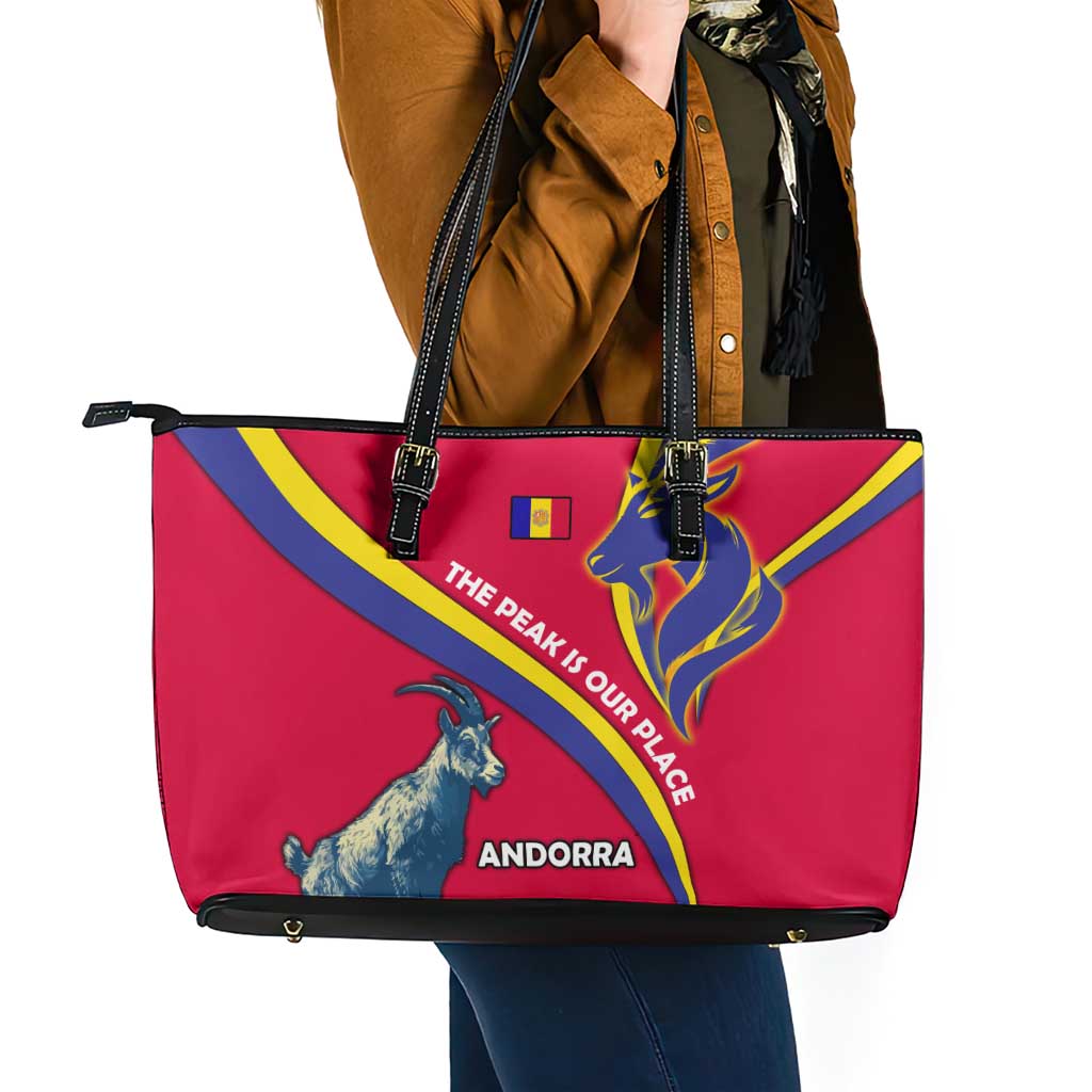 Andorra Leather Tote Bag with Mountain Goat and Curved Stripe Design - Wonder Print Shop