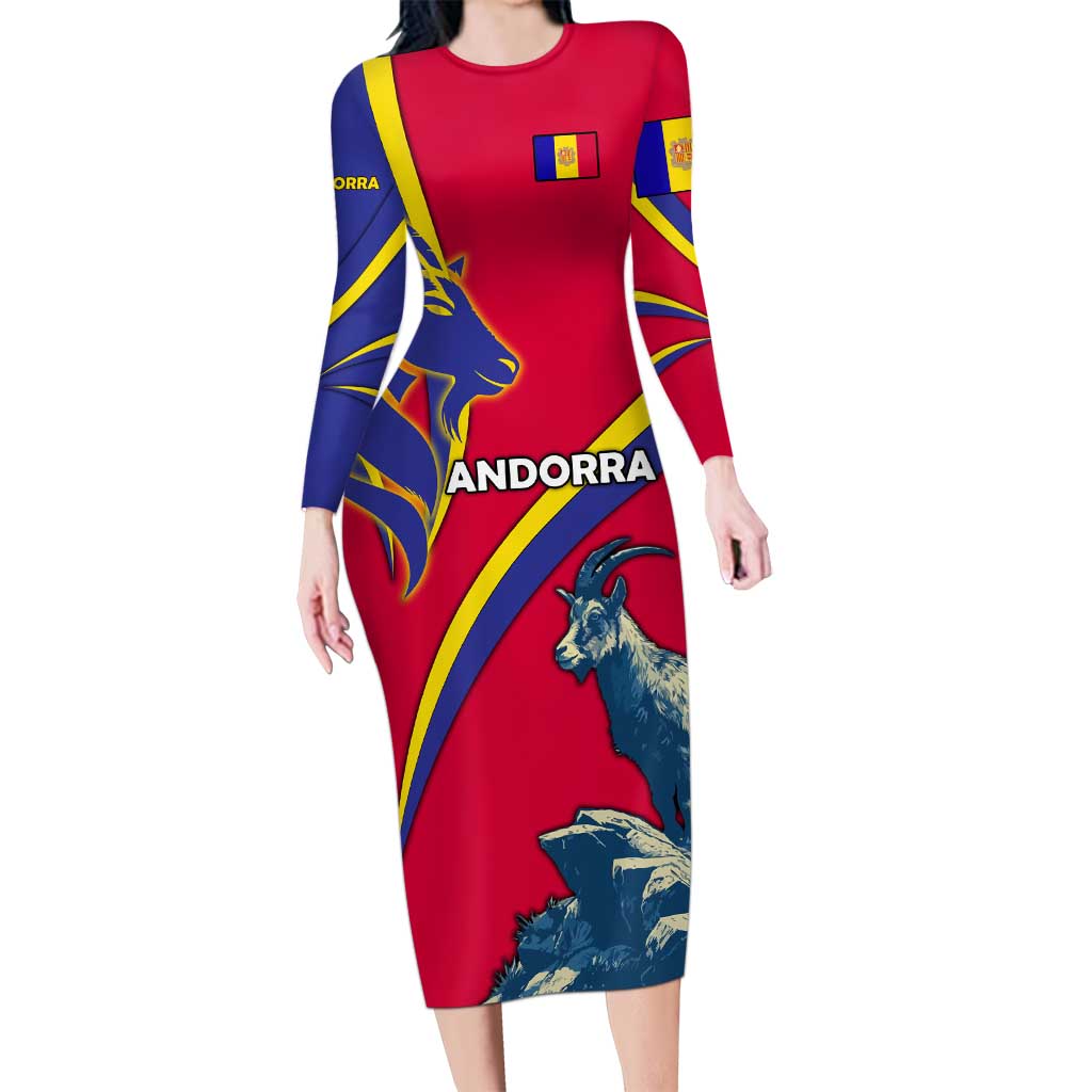 Andorra Long Sleeve Bodycon Dress with Mountain Goat and Curved Stripe Design - Wonder Print Shop