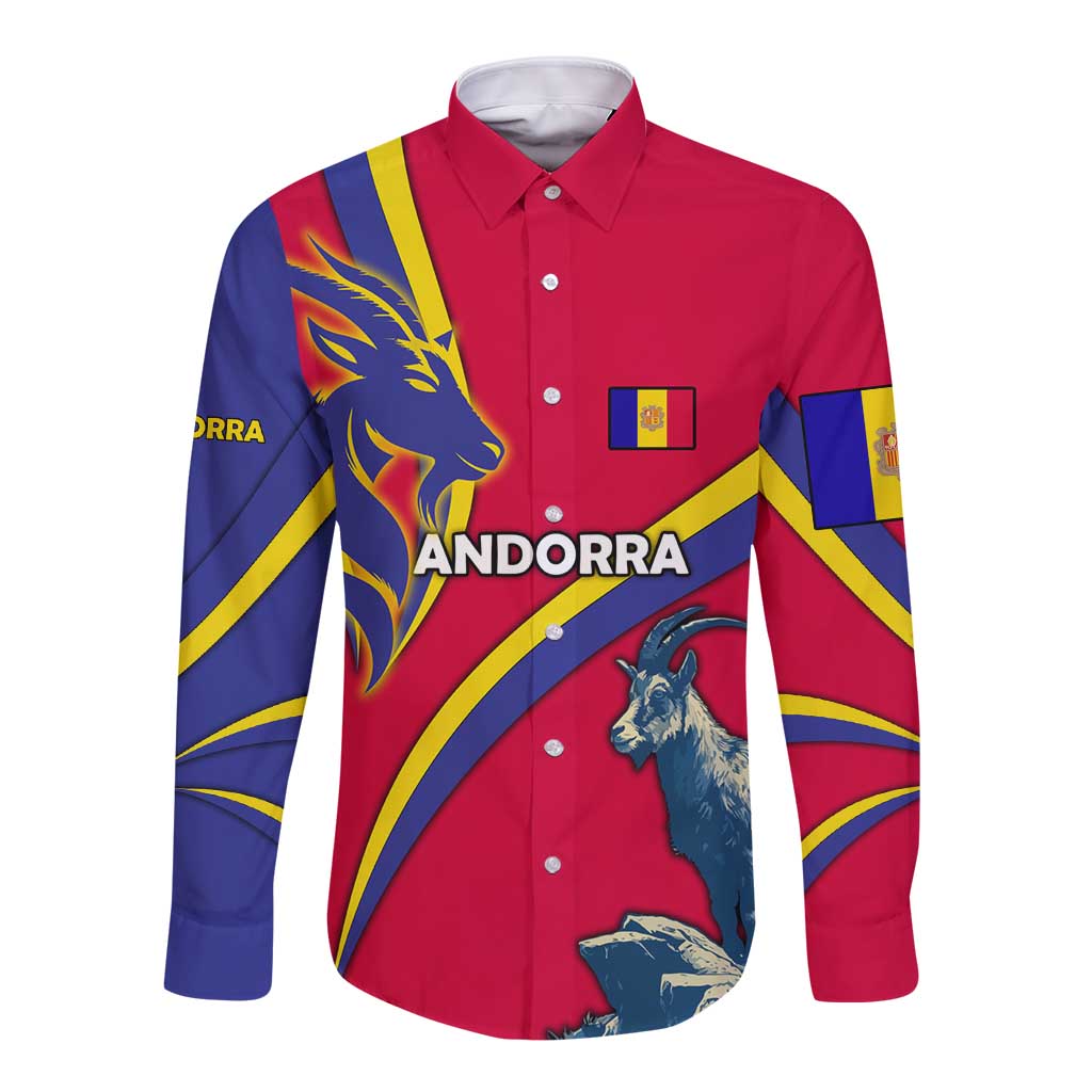 Andorra Long Sleeve Button Shirt with Mountain Goat and Curved Stripe Design - Wonder Print Shop