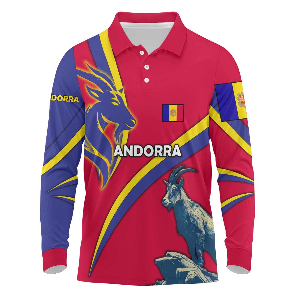 Andorra Long Sleeve Polo Shirt with Mountain Goat and Curved Stripe Design - Wonder Print Shop