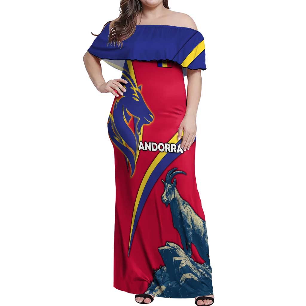 Andorra Off Shoulder Maxi Dress with Mountain Goat and Curved Stripe Design - Wonder Print Shop