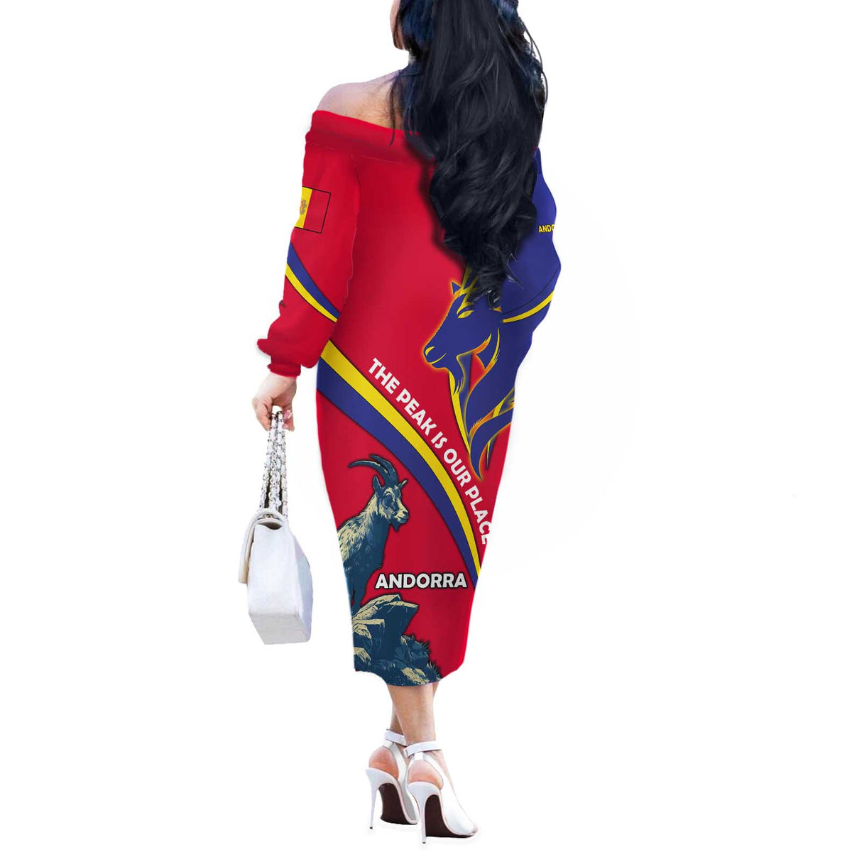 Andorra Off The Shoulder Long Sleeve Dress with Mountain Goat and Curved Stripe Design - Wonder Print Shop