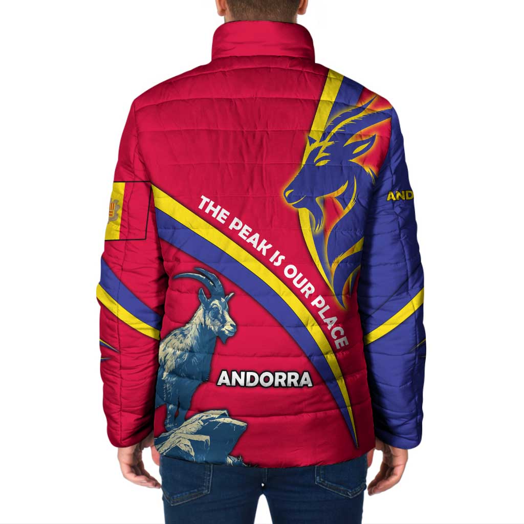 Andorra Padded Jacket with Mountain Goat and Curved Stripe Design - Wonder Print Shop