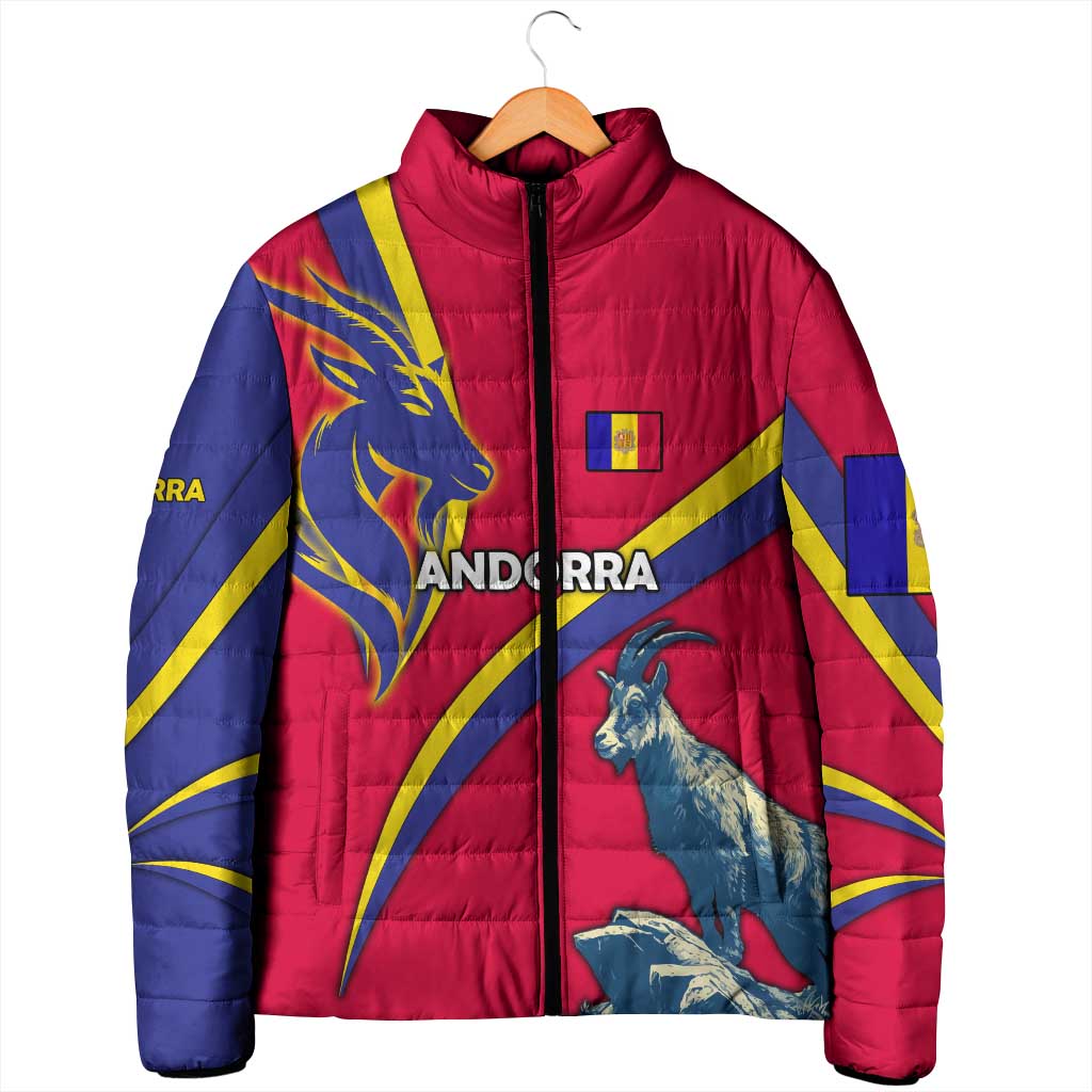 Andorra Padded Jacket with Mountain Goat and Curved Stripe Design - Wonder Print Shop