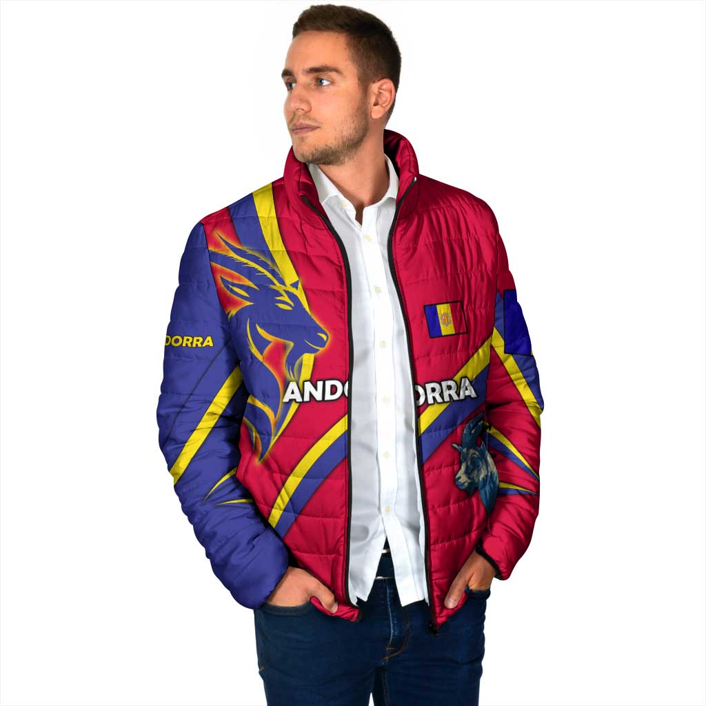 Andorra Padded Jacket with Mountain Goat and Curved Stripe Design - Wonder Print Shop