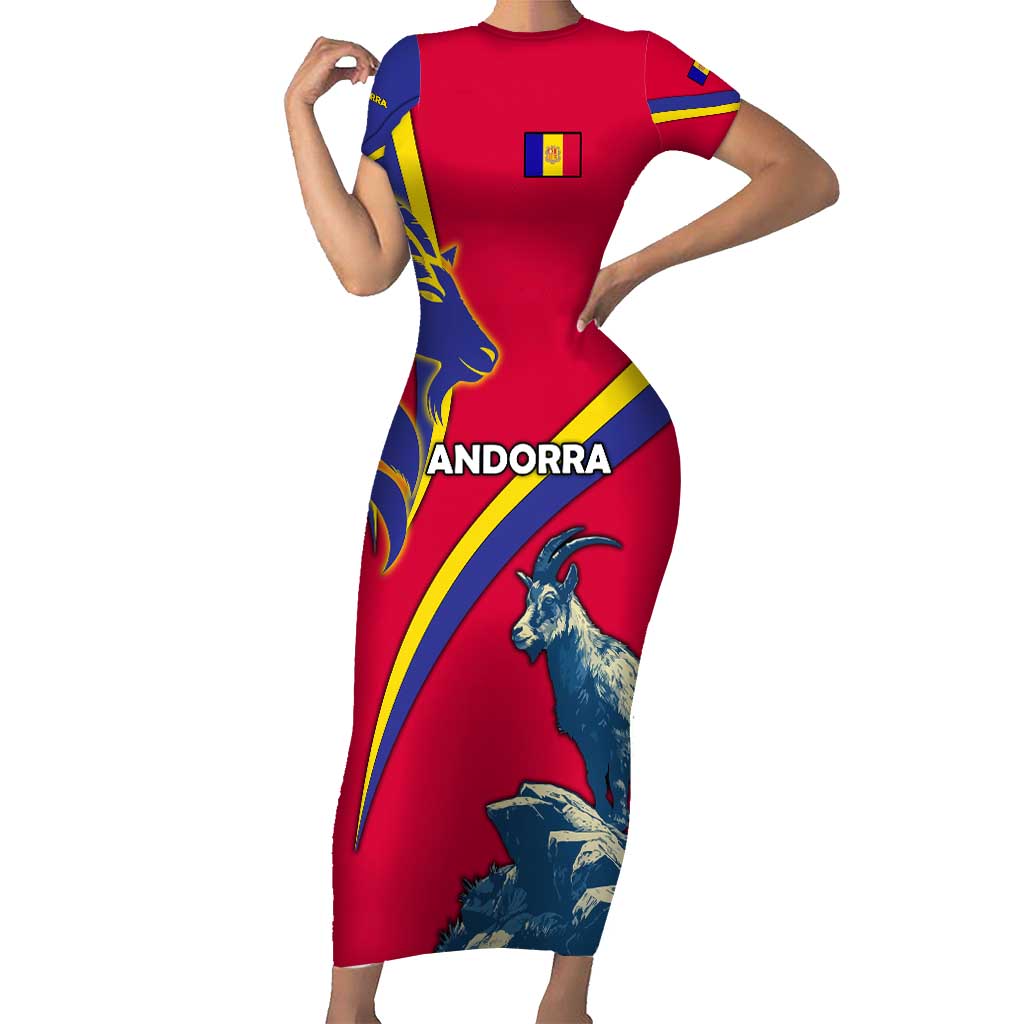 Andorra Short Sleeve Bodycon Dress with Mountain Goat and Curved Stripe Design - Wonder Print Shop