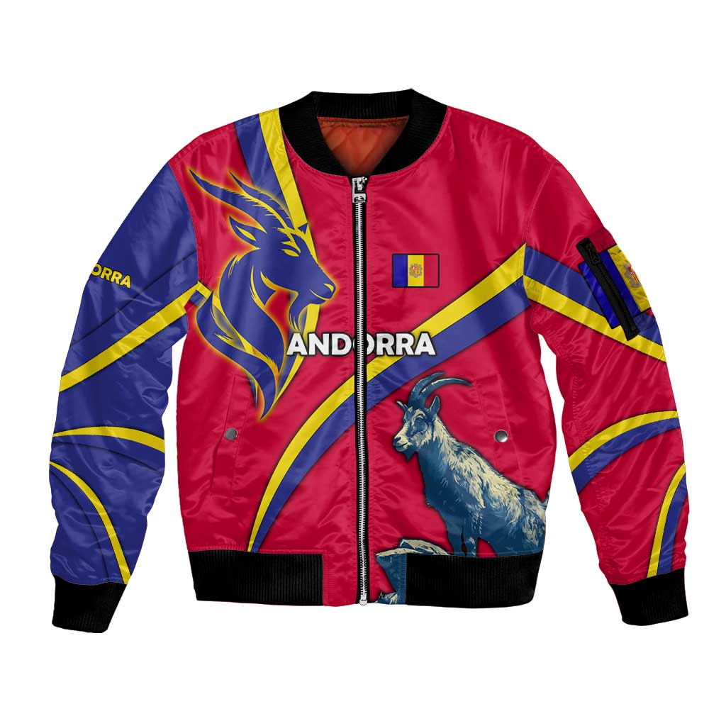 Andorra Sleeve Zip Bomber Jacket with Mountain Goat and Curved Stripe Design - Wonder Print Shop