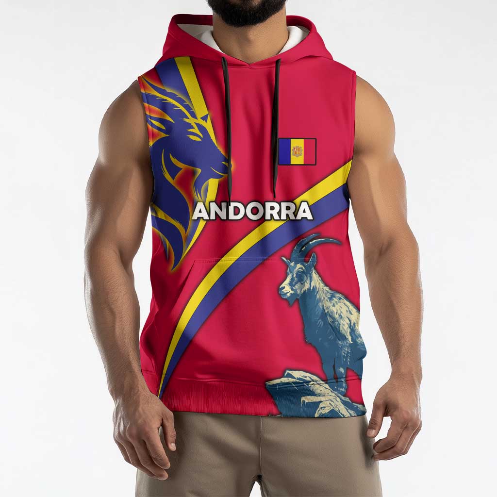 Andorra Sleeveless Hoodie with Mountain Goat and Curved Stripe Design - Wonder Print Shop
