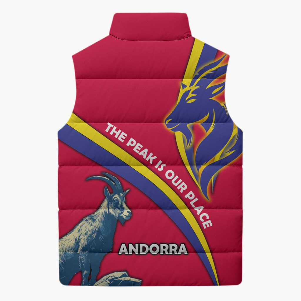 Andorra Sleeveless Puffer Jacket with Mountain Goat and Curved Stripe Design - Wonder Print Shop