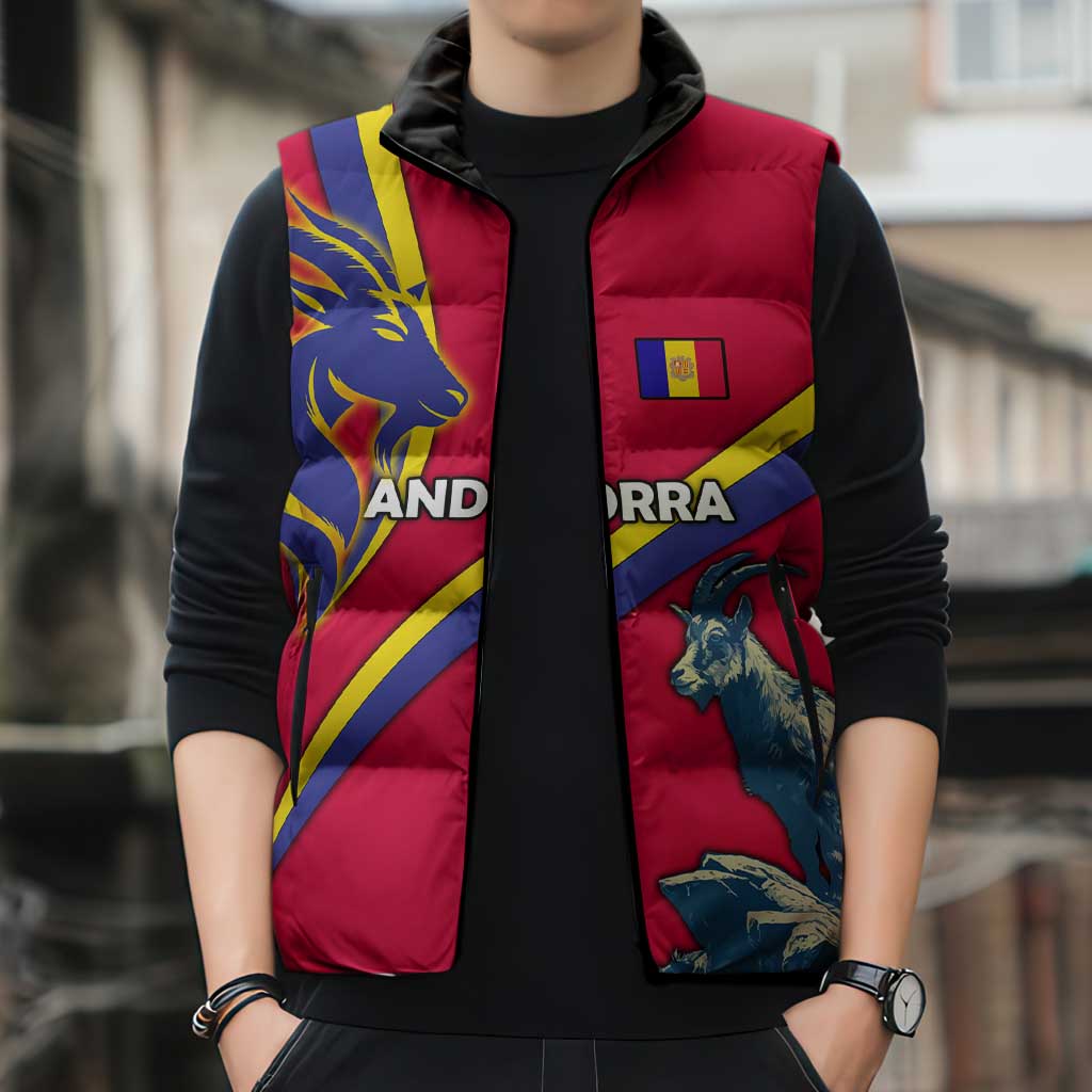 Andorra Sleeveless Puffer Jacket with Mountain Goat and Curved Stripe Design - Wonder Print Shop
