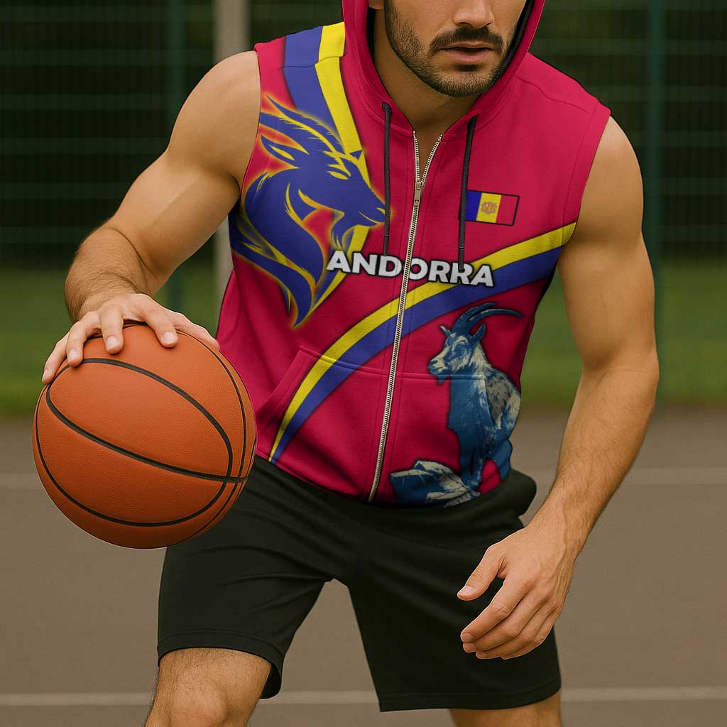 Andorra Sleeveless Zip Hoodie with Mountain Goat and Curved Stripe Design - Wonder Print Shop