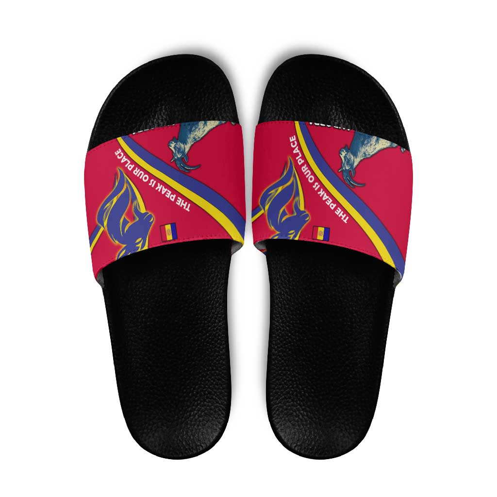 Andorra Slide Sandals with Mountain Goat and Curved Stripe Design - Wonder Print Shop