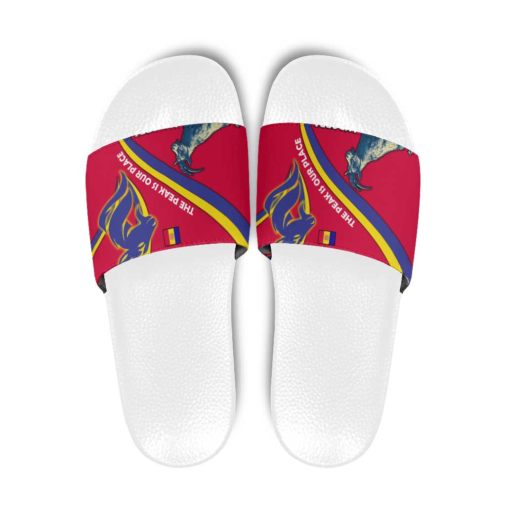 Andorra Slide Sandals with Mountain Goat and Curved Stripe Design - Wonder Print Shop