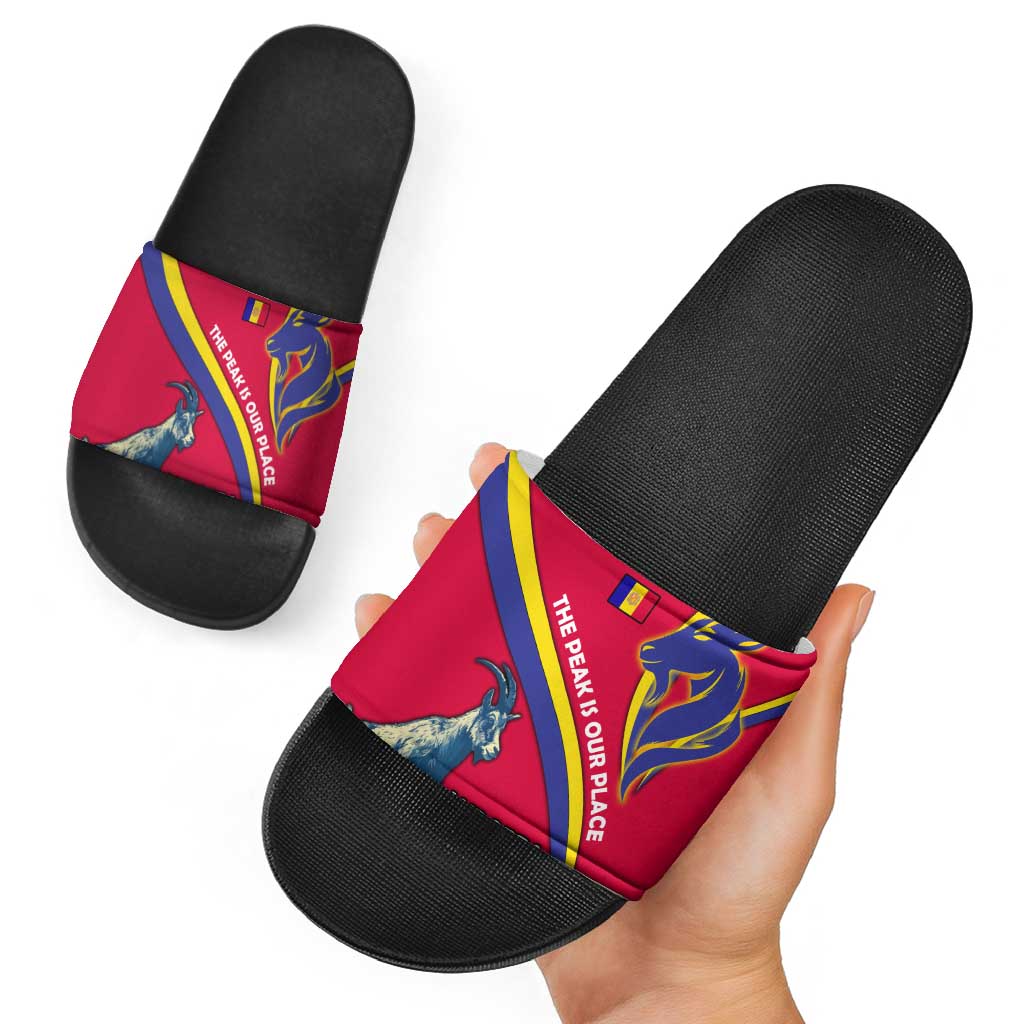 Andorra Slide Sandals with Mountain Goat and Curved Stripe Design - Wonder Print Shop