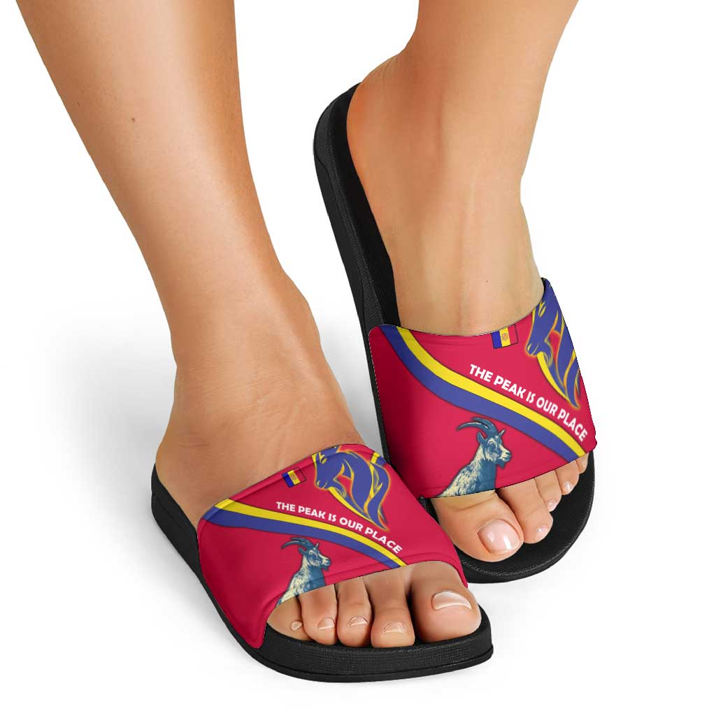 Andorra Slide Sandals with Mountain Goat and Curved Stripe Design - Wonder Print Shop