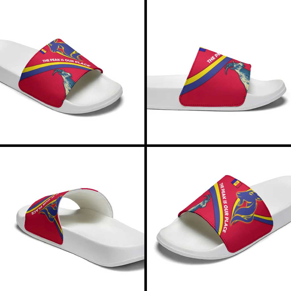 Andorra Slide Sandals with Mountain Goat and Curved Stripe Design - Wonder Print Shop