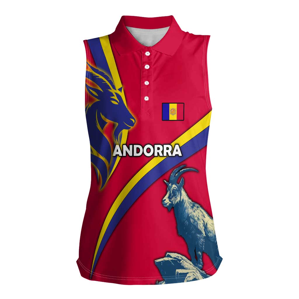 Andorra Women Sleeveless Polo Shirt with Mountain Goat and Curved Stripe Design - Wonder Print Shop