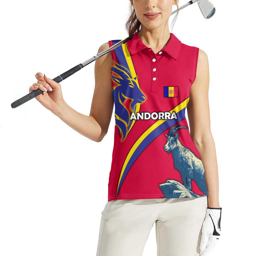 Andorra Women Sleeveless Polo Shirt with Mountain Goat and Curved Stripe Design - Wonder Print Shop