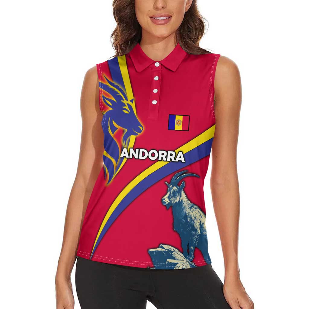 Andorra Women Sleeveless Polo Shirt with Mountain Goat and Curved Stripe Design - Wonder Print Shop