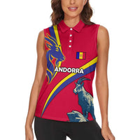 Andorra Women Sleeveless Polo Shirt with Mountain Goat and Curved Stripe Design - Wonder Print Shop