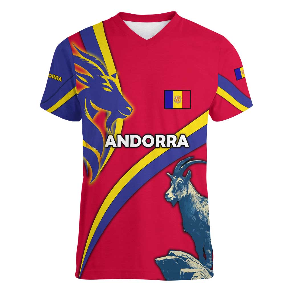 Andorra Women V-Neck T-Shirt with Mountain Goat and Curved Stripe Design - Wonder Print Shop