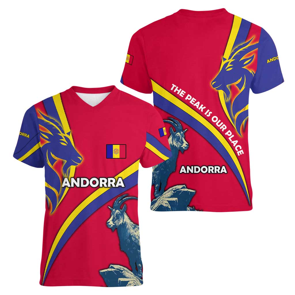 Andorra Women V-Neck T-Shirt with Mountain Goat and Curved Stripe Design - Wonder Print Shop