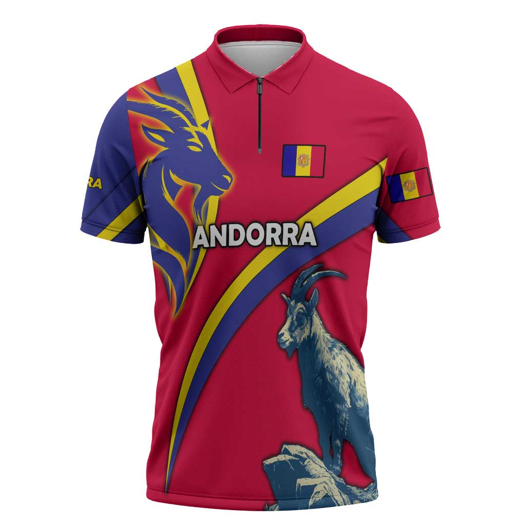 Andorra Zipper Polo Shirt with Mountain Goat and Curved Stripe Design - Wonder Print Shop