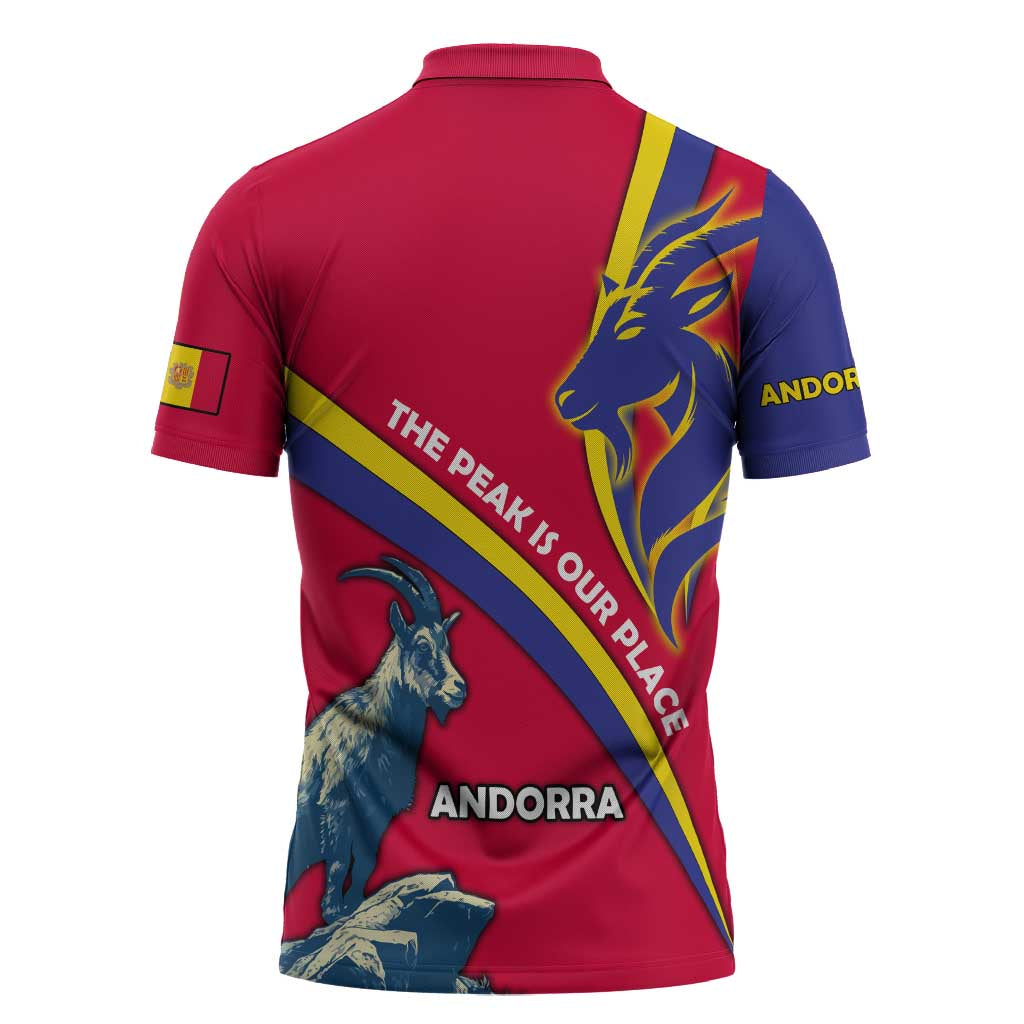Andorra Zipper Polo Shirt with Mountain Goat and Curved Stripe Design - Wonder Print Shop