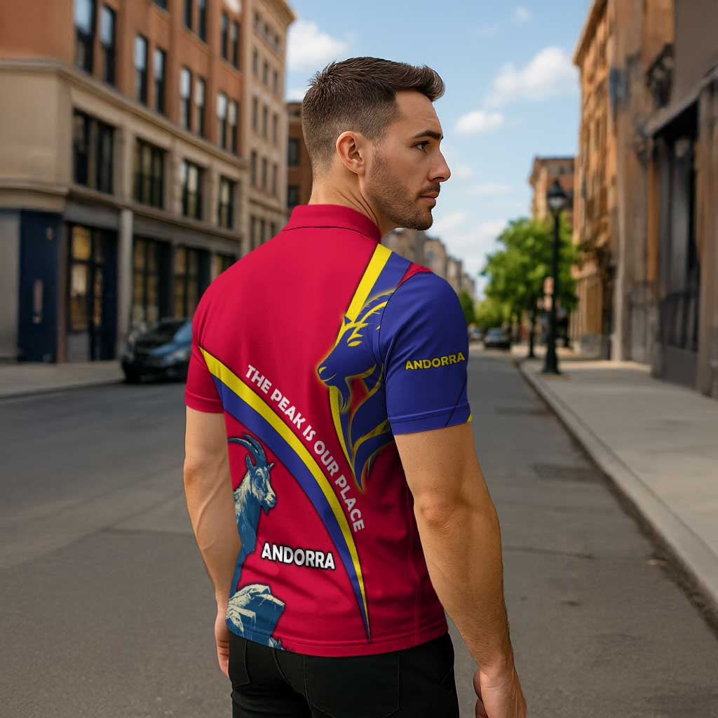 Andorra Zipper Polo Shirt with Mountain Goat and Curved Stripe Design - Wonder Print Shop