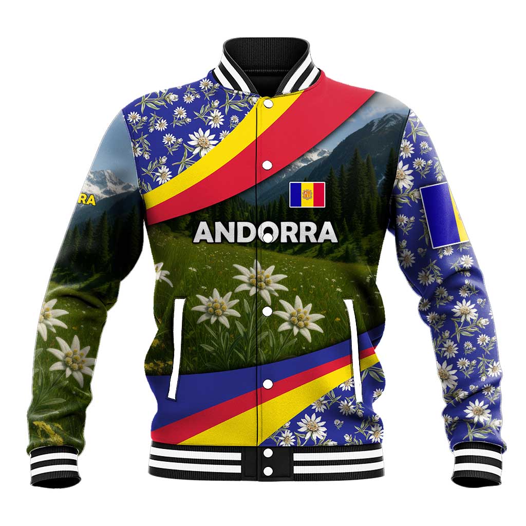 Andorra Baseball Jacket with Edelweiss Mountain Landscape Design - Wonder Print Shop
