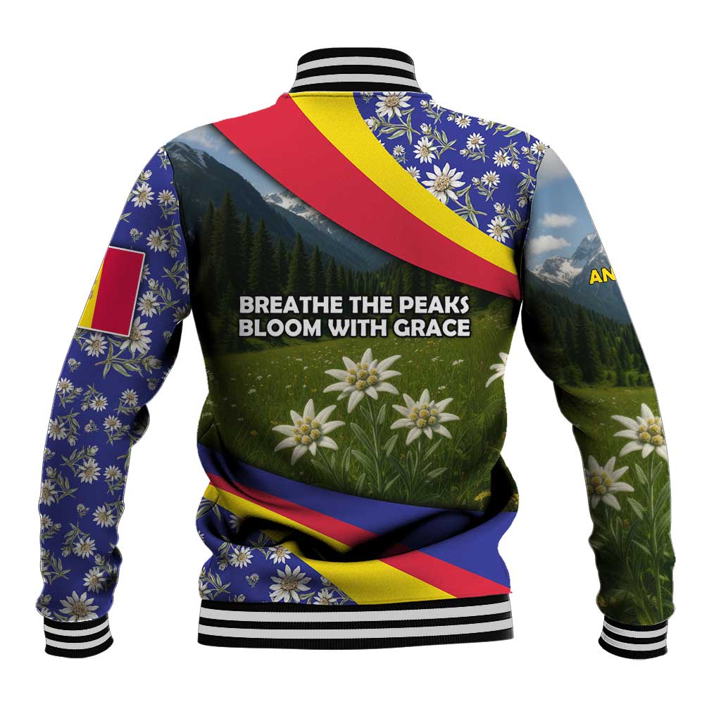 Andorra Baseball Jacket with Edelweiss Mountain Landscape Design - Wonder Print Shop