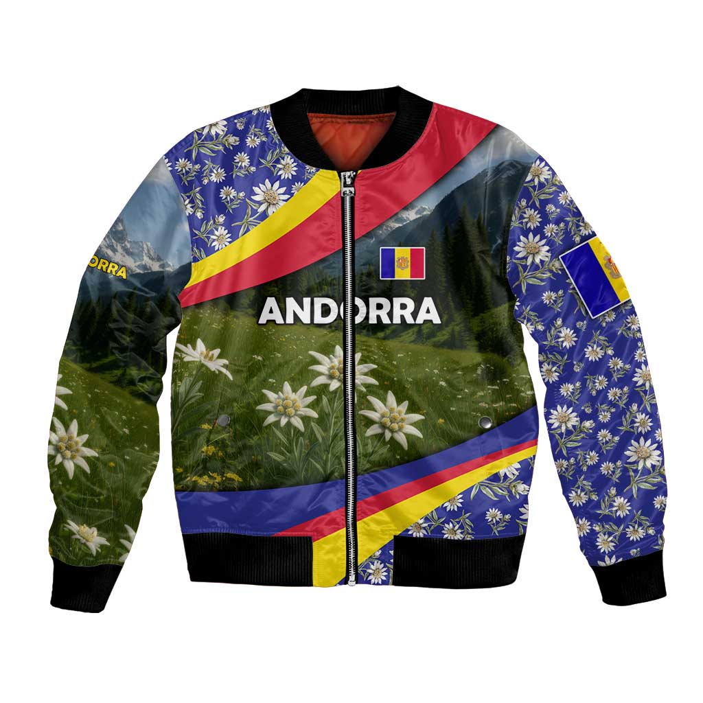 Andorra Bomber Jacket with Edelweiss Mountain Landscape Design - Wonder Print Shop