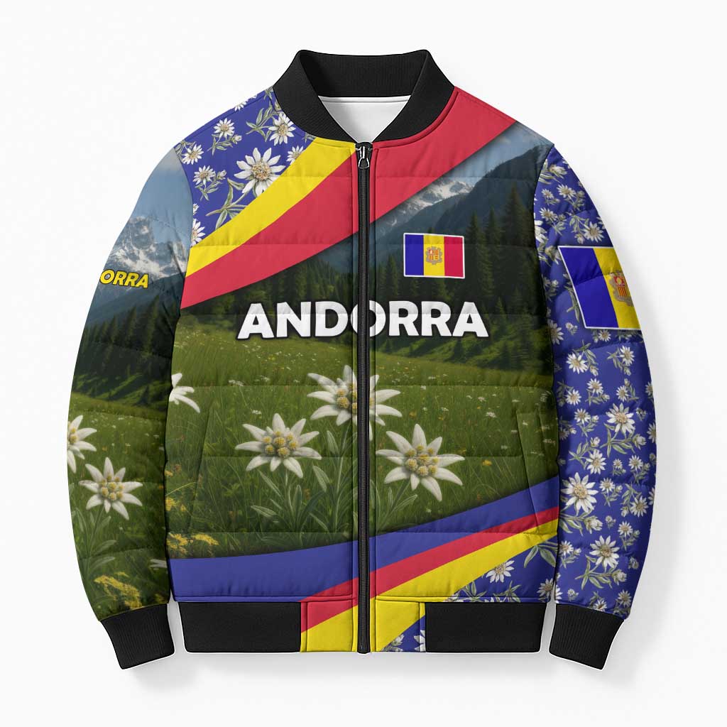 Andorra Bomber Puffer Jacket with Edelweiss Mountain Landscape Design - Wonder Print Shop