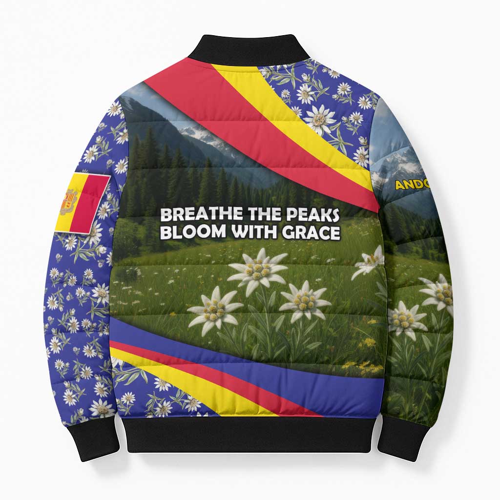 Andorra Bomber Puffer Jacket with Edelweiss Mountain Landscape Design - Wonder Print Shop