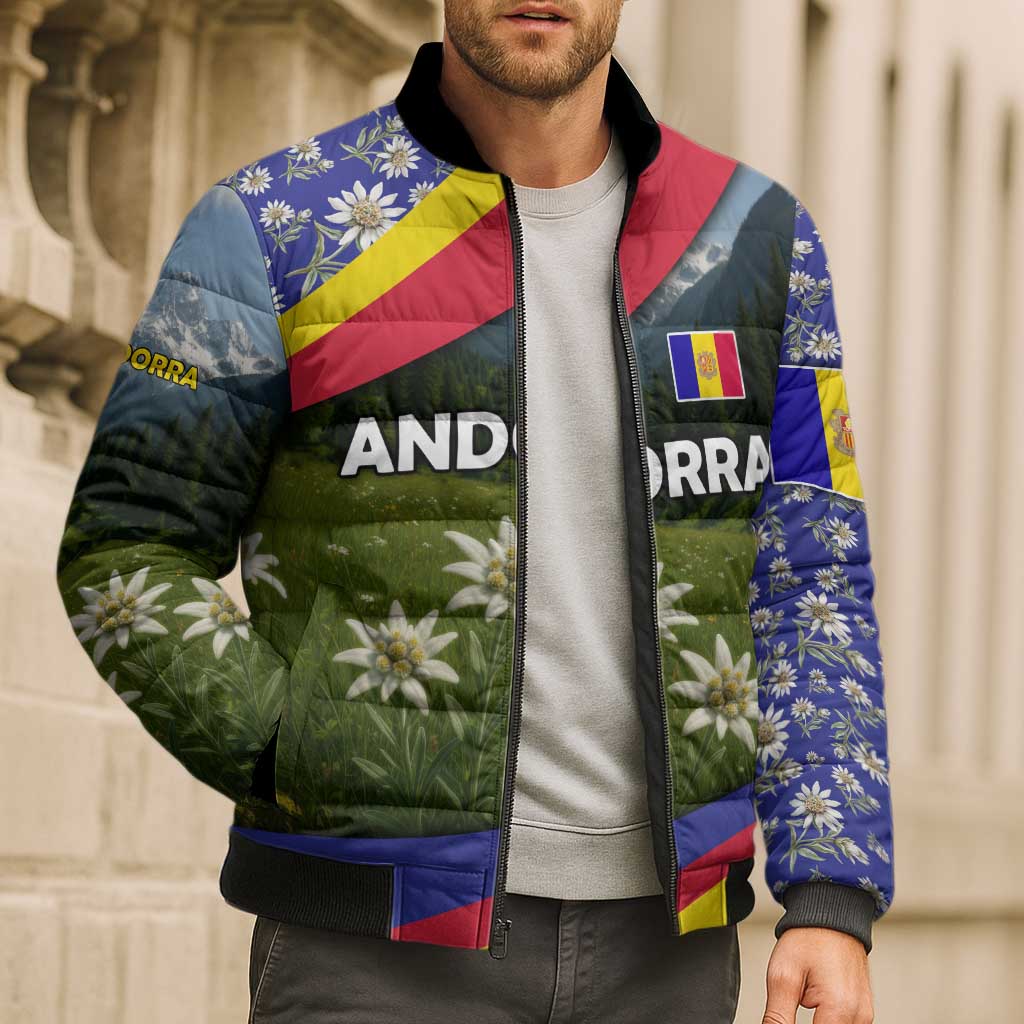 Andorra Bomber Puffer Jacket with Edelweiss Mountain Landscape Design - Wonder Print Shop