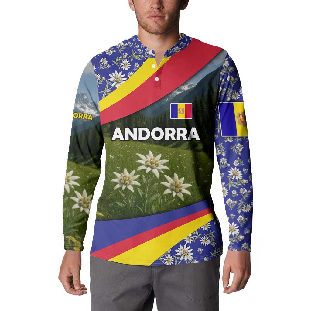 Andorra Button Sweatshirt with Edelweiss Mountain Landscape Design - Wonder Print Shop