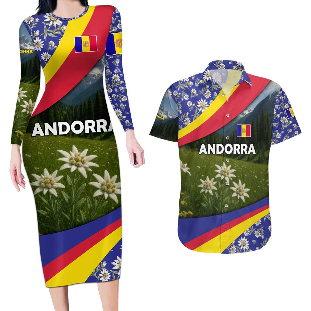 Andorra Couples Matching Long Sleeve Bodycon Dress and Hawaiian Shirt with Edelweiss Mountain Landscape Design - Wonder Print Shop