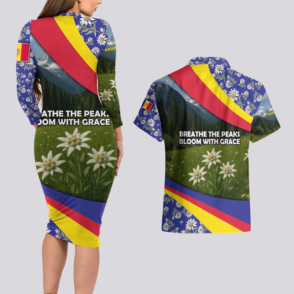 Andorra Couples Matching Long Sleeve Bodycon Dress and Hawaiian Shirt with Edelweiss Mountain Landscape Design - Wonder Print Shop