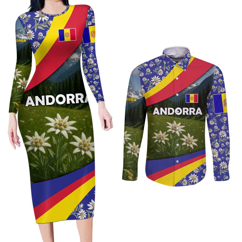 Andorra Couples Matching Long Sleeve Bodycon Dress and Long Sleeve Button Shirt with Edelweiss Mountain Landscape Design - Wonder Print Shop