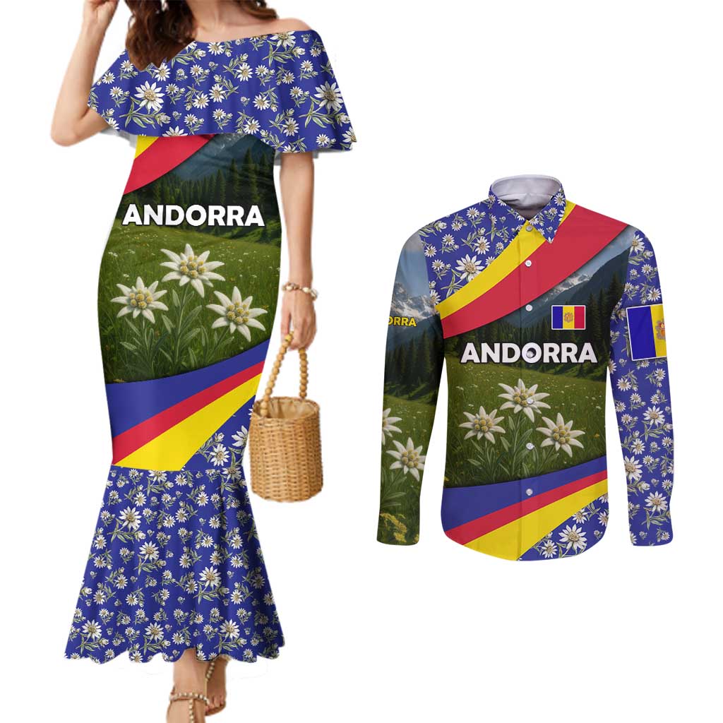 Andorra Couples Matching Mermaid Dress and Long Sleeve Button Shirt with Edelweiss Mountain Landscape Design - Wonder Print Shop