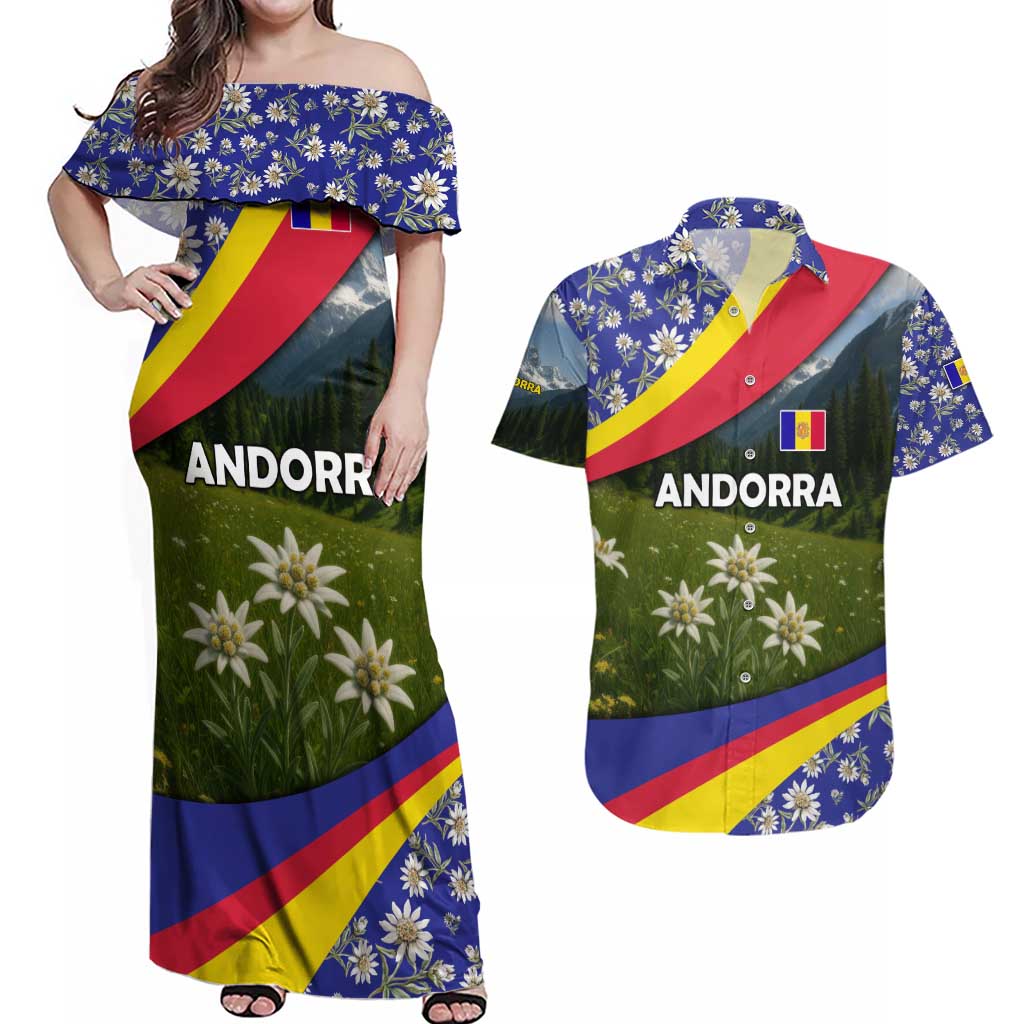 Andorra Couples Matching Off Shoulder Maxi Dress and Hawaiian Shirt with Edelweiss Mountain Landscape Design - Wonder Print Shop