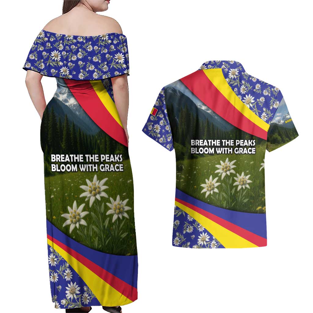 Andorra Couples Matching Off Shoulder Maxi Dress and Hawaiian Shirt with Edelweiss Mountain Landscape Design - Wonder Print Shop