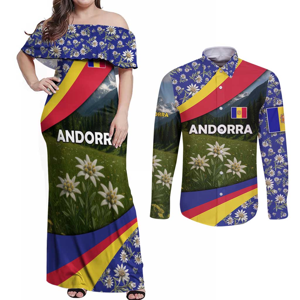 Andorra Couples Matching Off Shoulder Maxi Dress and Long Sleeve Button Shirt with Edelweiss Mountain Landscape Design - Wonder Print Shop
