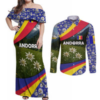 Andorra Couples Matching Off Shoulder Maxi Dress and Long Sleeve Button Shirt with Edelweiss Mountain Landscape Design - Wonder Print Shop