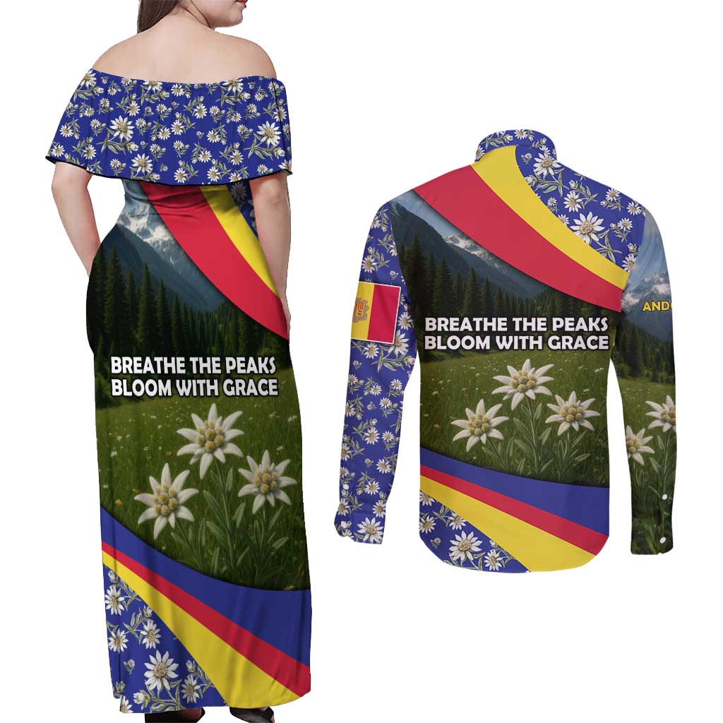 Andorra Couples Matching Off Shoulder Maxi Dress and Long Sleeve Button Shirt with Edelweiss Mountain Landscape Design - Wonder Print Shop