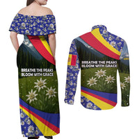 Andorra Couples Matching Off Shoulder Maxi Dress and Long Sleeve Button Shirt with Edelweiss Mountain Landscape Design - Wonder Print Shop