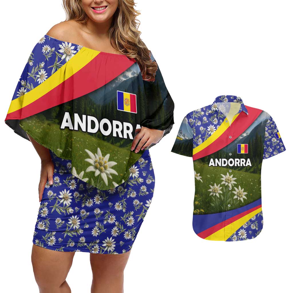 Andorra Couples Matching Off Shoulder Short Dress and Hawaiian Shirt with Edelweiss Mountain Landscape Design - Wonder Print Shop