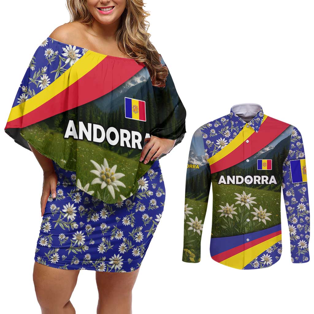 Andorra Couples Matching Off Shoulder Short Dress and Long Sleeve Button Shirt with Edelweiss Mountain Landscape Design - Wonder Print Shop