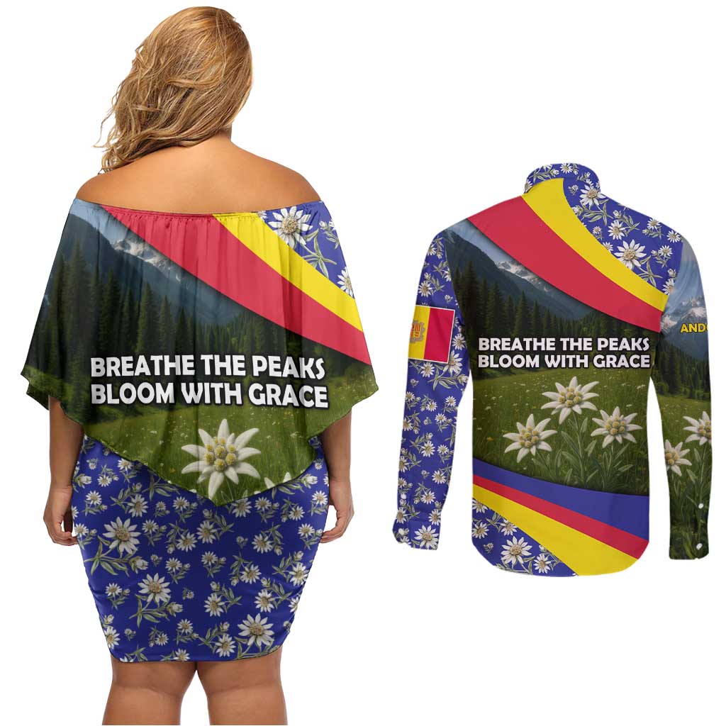 Andorra Couples Matching Off Shoulder Short Dress and Long Sleeve Button Shirt with Edelweiss Mountain Landscape Design - Wonder Print Shop